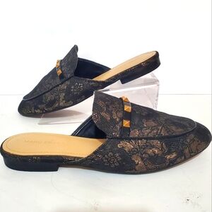 Marc Fisher Wishing black metallic gold floral brocade studded mule shoes 7.5